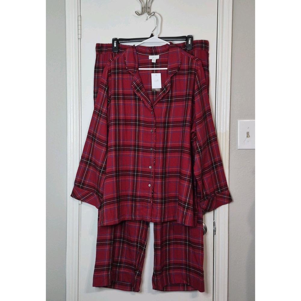 New J.Jill Sleep Women's 2X Red Tartan Plaid Pajama Set Button Top Lounge Cozy